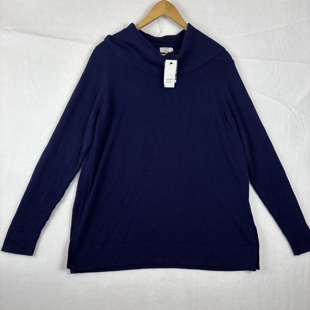 NWT Crown & Ivy Womens Navy Sweater Cowl Neck Petite XL, Vented, Ribbed Neck/Arm